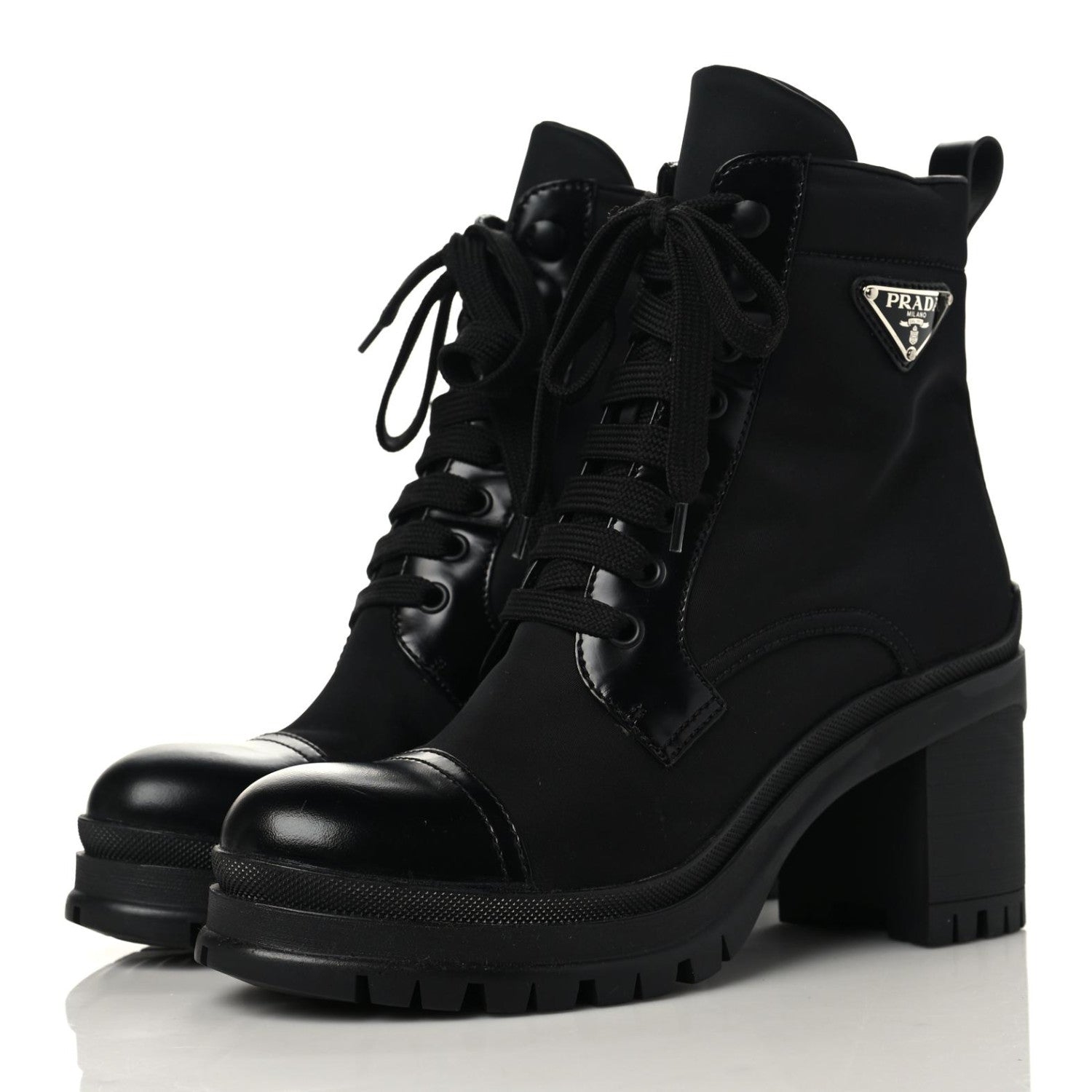 Prada Spazzolato Re-Nylon Metal Triangle Logo Lace Up 85mm Boots 37.5 Black 3 of 9