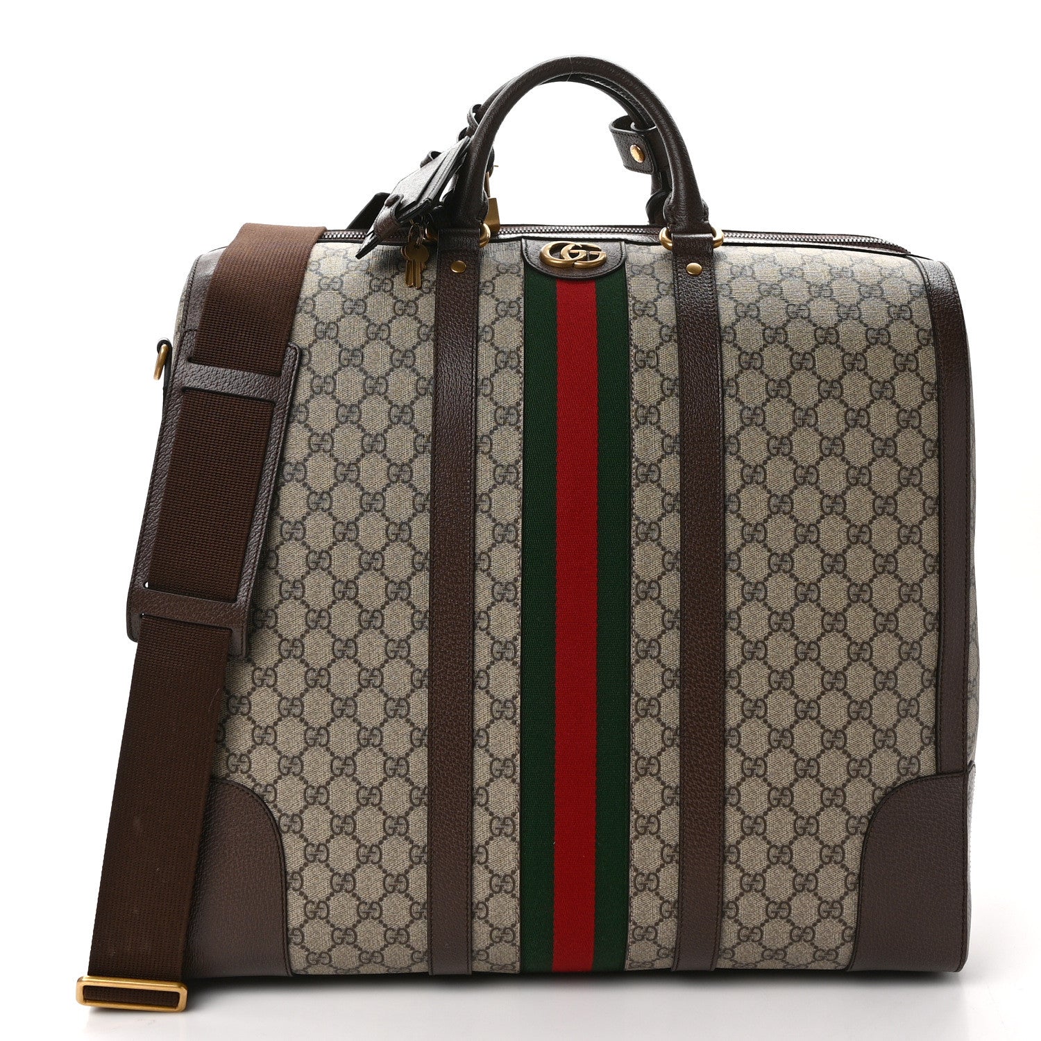 Gucci GG Supreme Monogram Textured Dollar Calfskin Web Savoy Duffle Bag Beige Ebony New Acero 1 of 8
