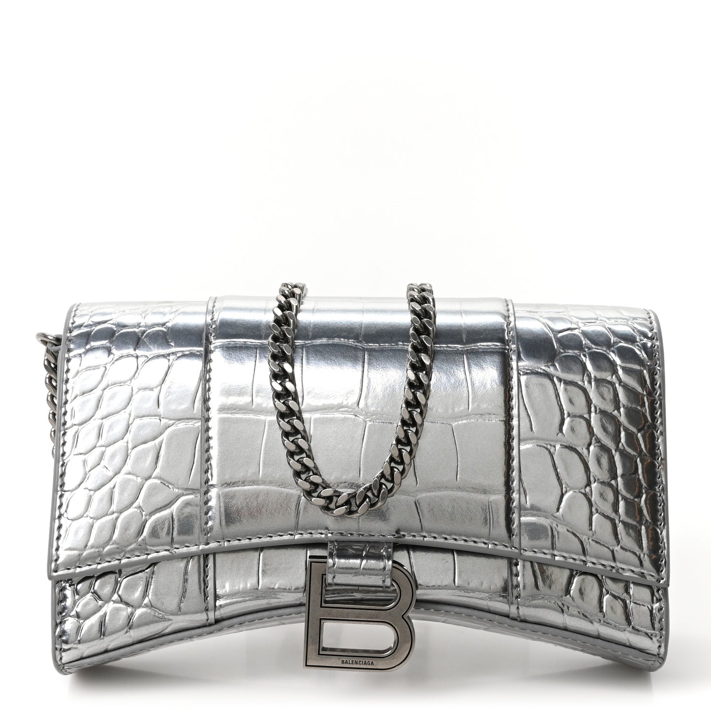 Metallic Calfskin Crocodile Embossed Hourglass Chain Bag Silver