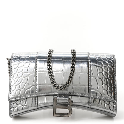 Balenciaga Metallic Calfskin Crocodile Embossed Hourglass Chain Bag Silver 1 of 9