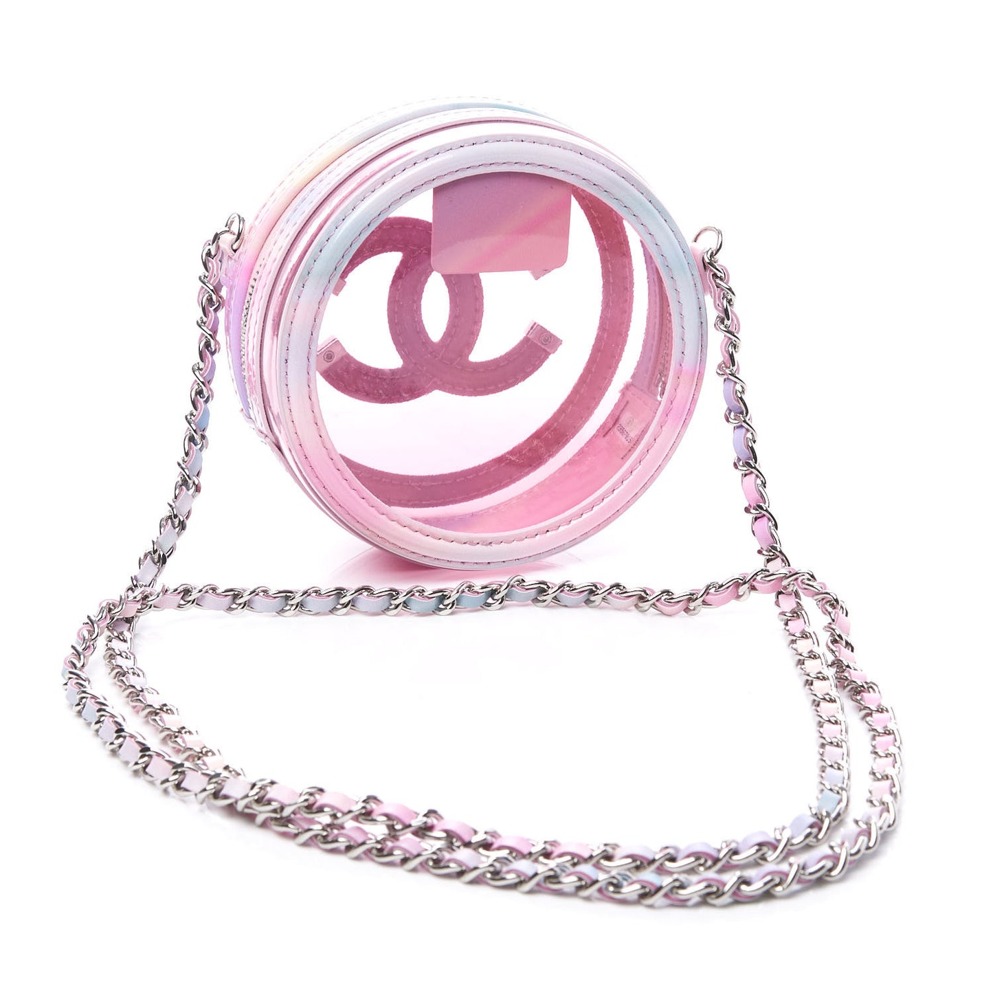 PVC Lambskin Filigree Round Clutch With Chain Pink