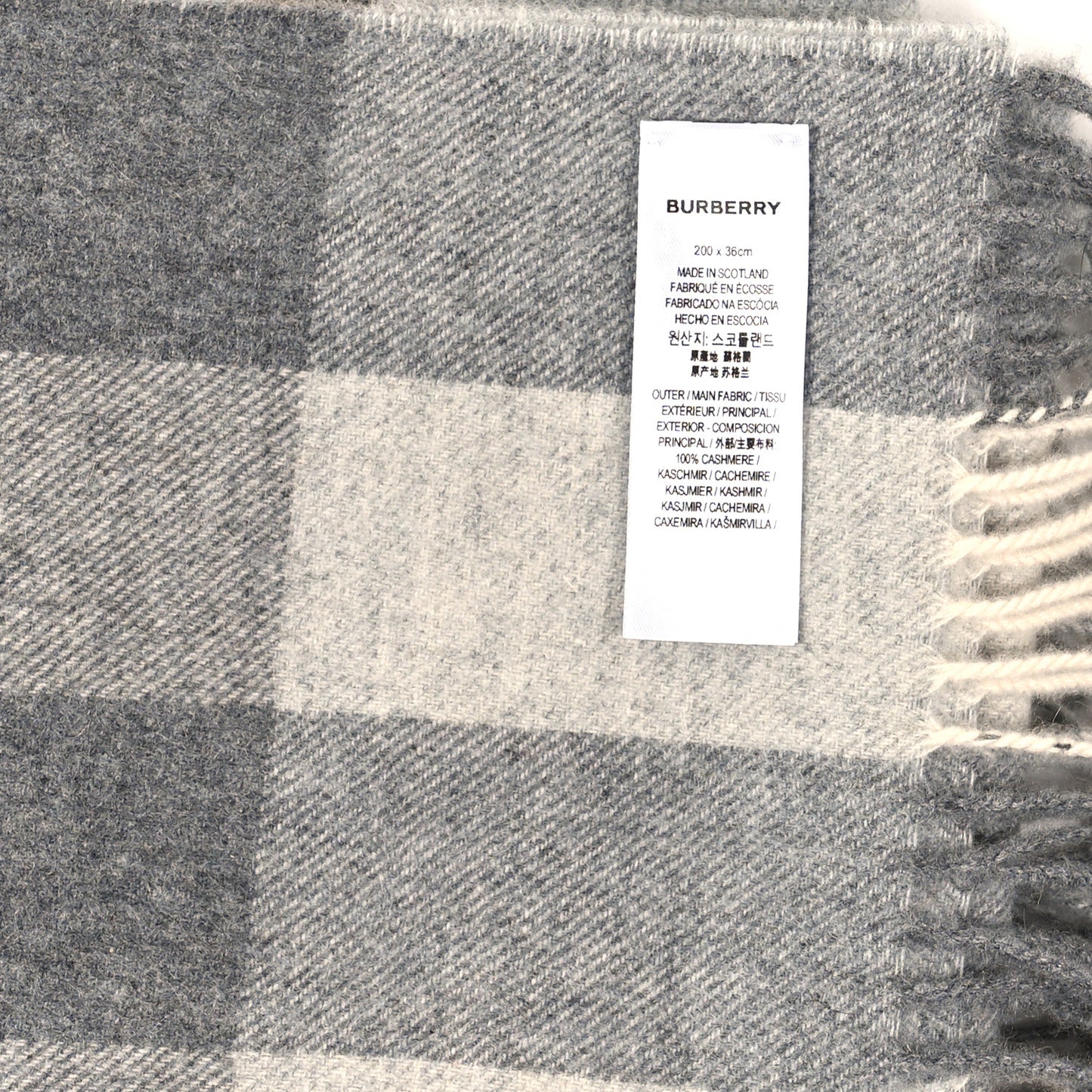 Cashmere Mega Check Fringe Scarf Grey