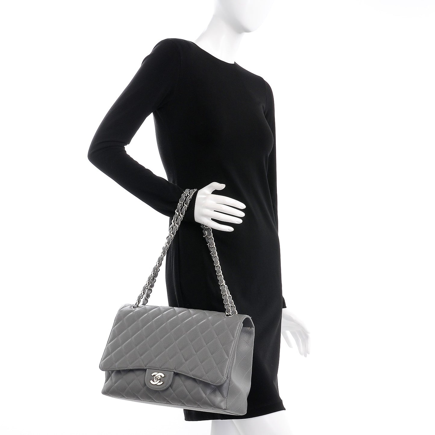 Caviar Quilted Maxi Single Flap Grey