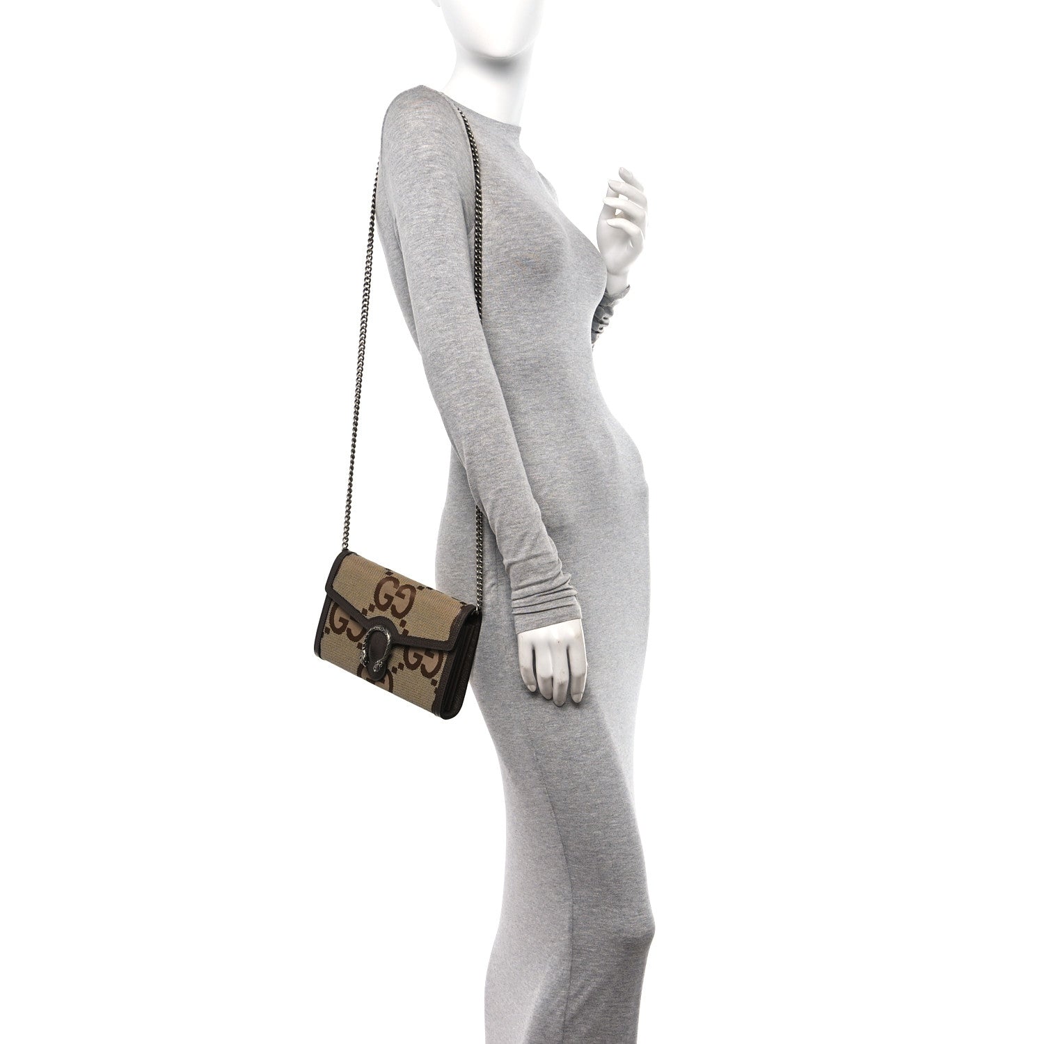 Gucci Monogram Jumbo GG Textured Dollar Calfskin Mini Dionysus Chain Wallet Camel Ebony New Acero 2 of 11