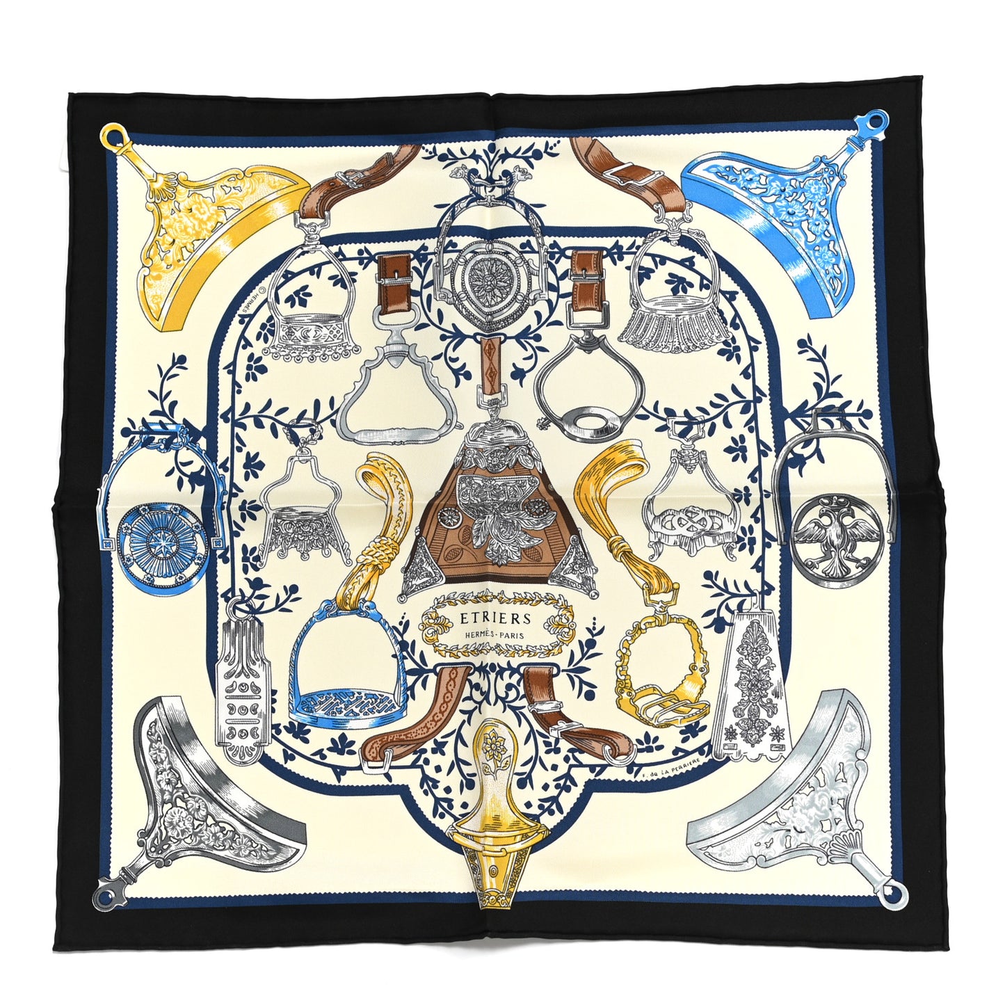 Silk Etriers Remix Scarf 45 Black Ivoire Bleu
