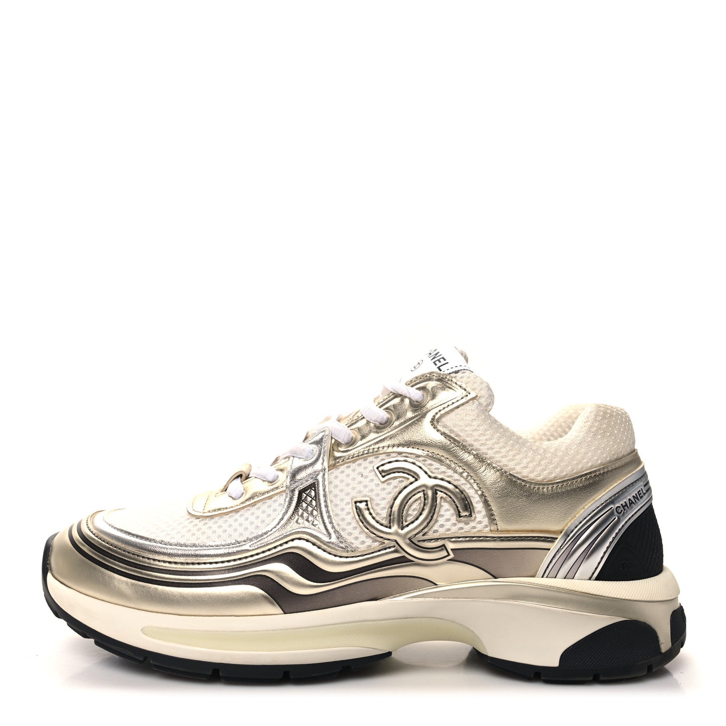 Fabric Laminated Calfskin Stretch CC Sneakers 39.5 White Gold Silver