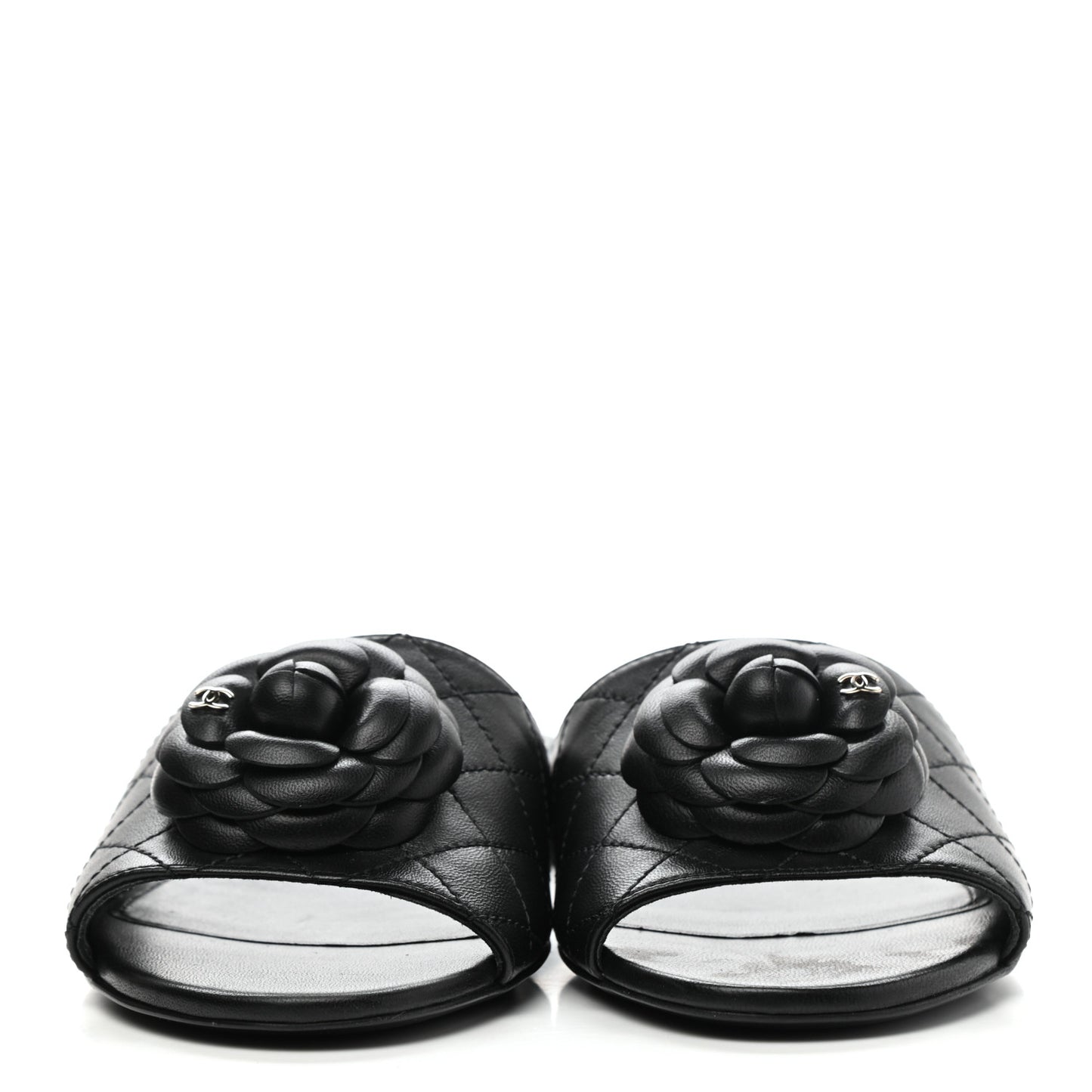 Lambskin Quilted Camellia CC Slides 37 Black