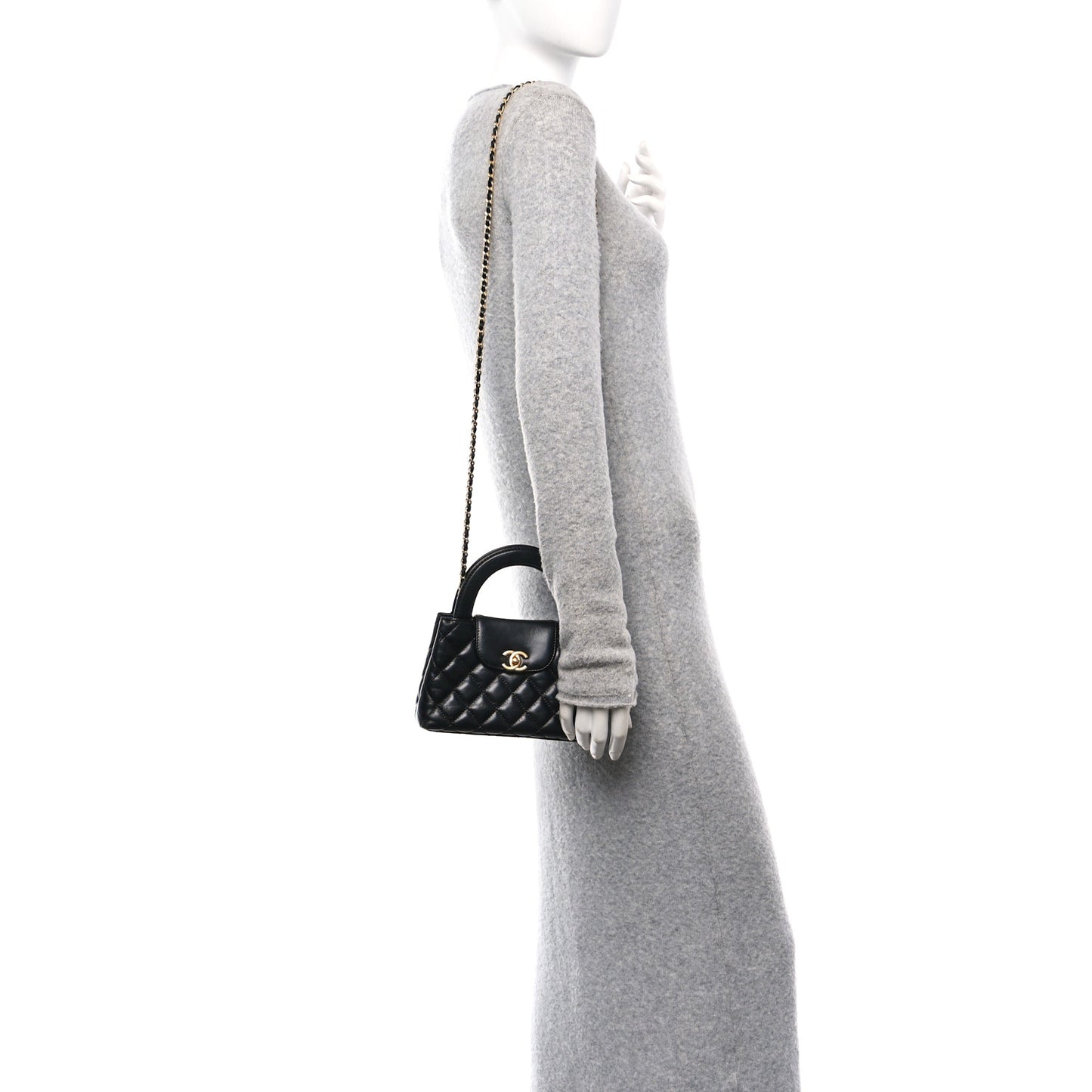 Shiny Aged Calfskin Quilted Nano Kelly Shopper Black