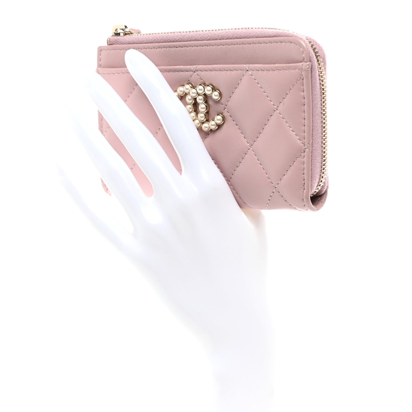 Lambskin Quilted Pearl Crystal CC Zip Around Card Holder Pink