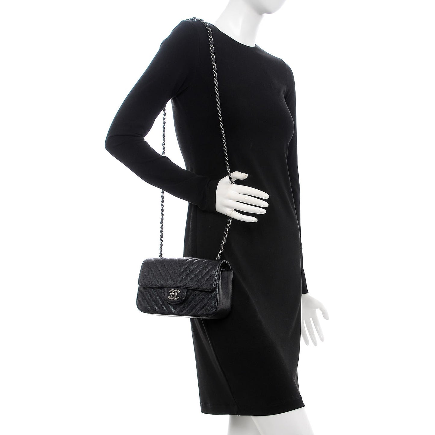 Metallic Caviar Chevron Quilted Mini Rectangular Flap Black