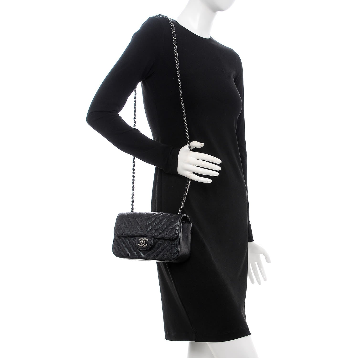 Chanel Metallic Caviar Chevron Quilted Mini Rectangular Flap Black 2 of 8