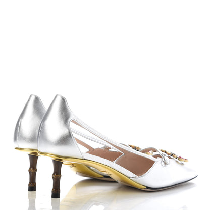Gucci Metallic Nappa Bamboo Crystal Double G Low Heel Pumps 40 Argento 4 of 9