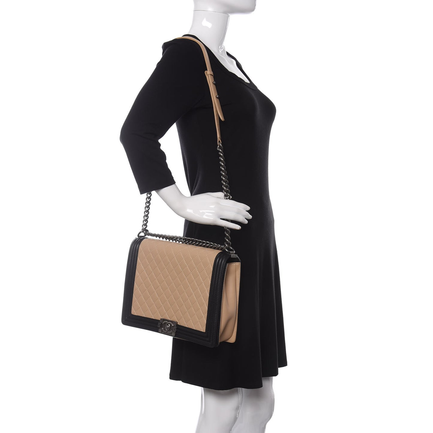 Lambskin Quilted Large Boy Flap Beige Black