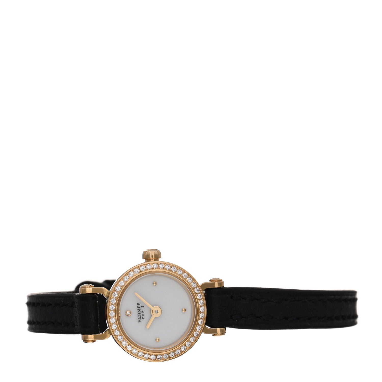 Hermes 18K Yellow Gold Barenia Diamond 16mm Faubourg Quartz Watch Noir 2 of 5