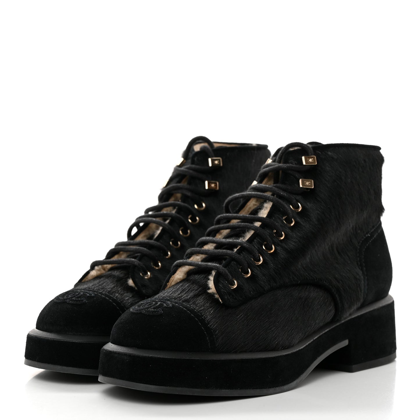 Suede Pony Hair Shearling Lace Up Combat Boots 39 Black White