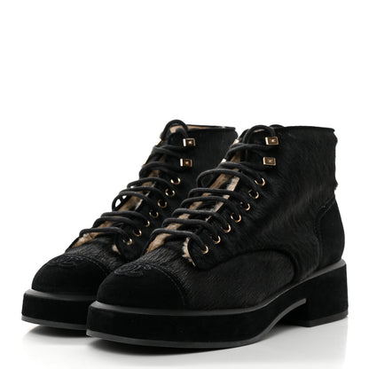 Chanel Suede Pony Hair Shearling Lace Up Combat Boots 39 Black White 3 of 9