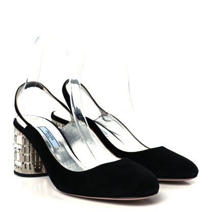 Prada Suede Crystal Block Heel Slingback Pump 37 Black 5 of 10