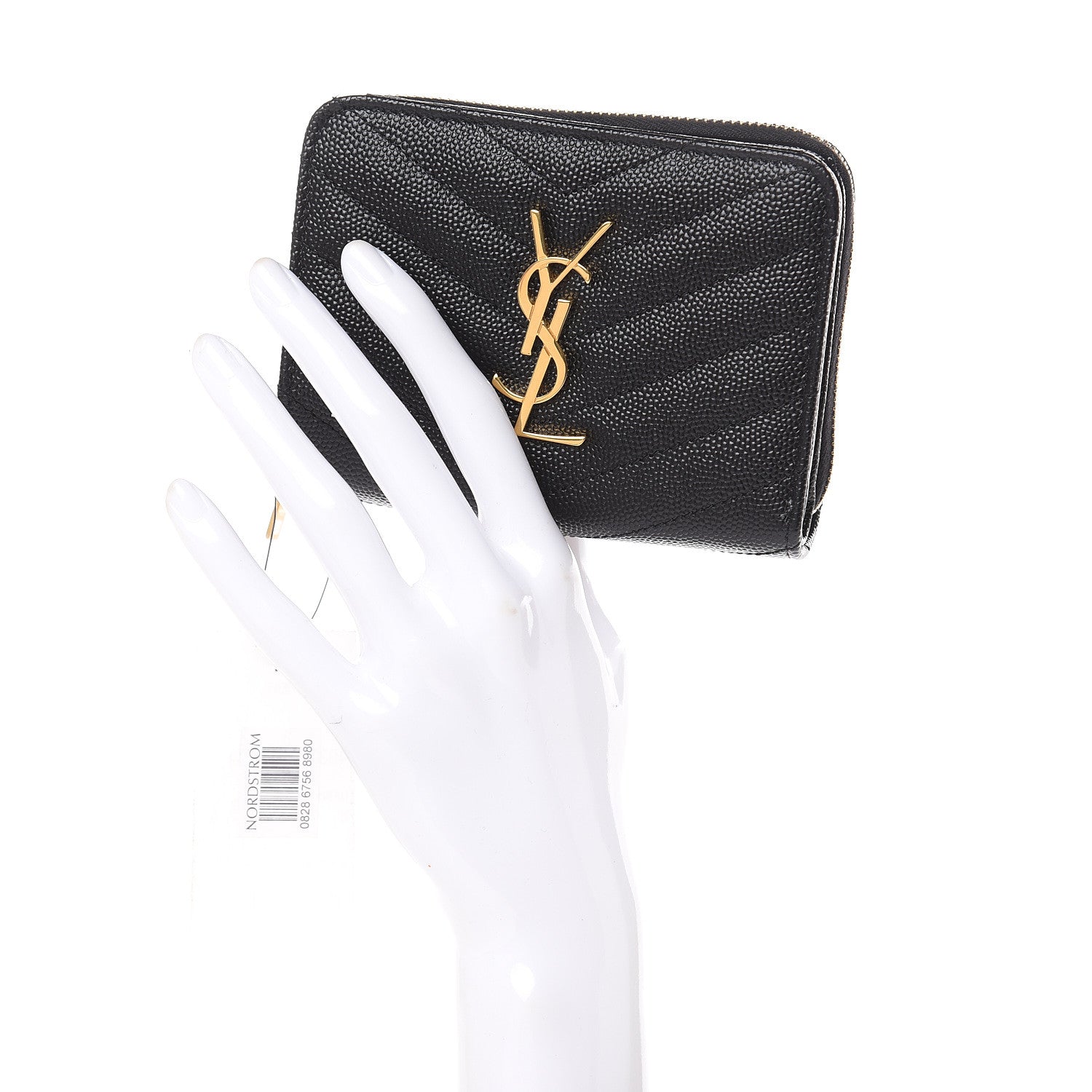 Saint Laurent Grain De Poudre Matelasse Chevron Monogram Compact Zip Around Wallet Black 2 of 6