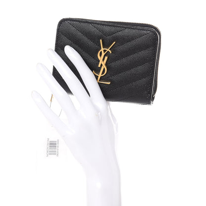 Saint Laurent Grain De Poudre Matelasse Chevron Monogram Compact Zip Around Wallet Black 2 of 6