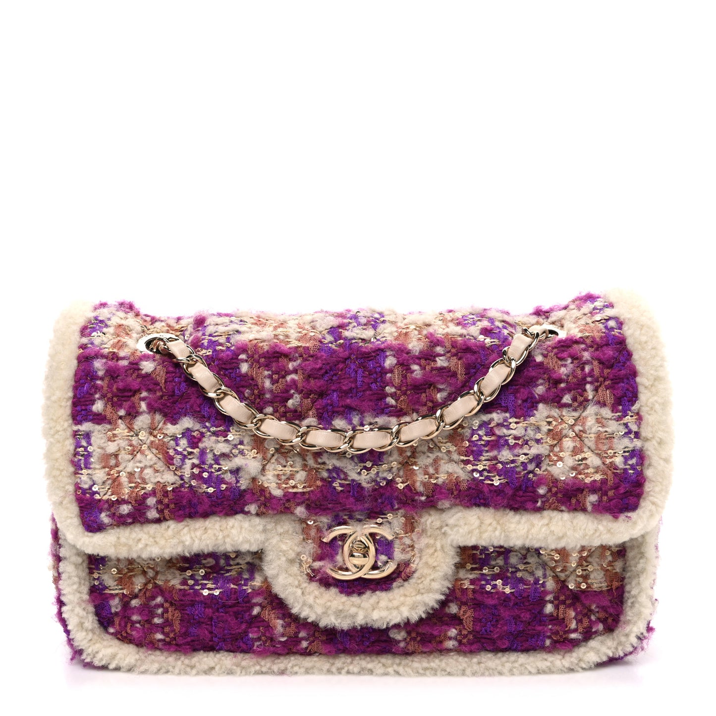 Tweed Shearling Large Flap Bag Purple Beige