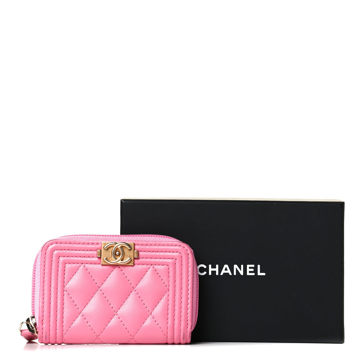 Lambskin Quilted Boy Zip Around Coin Purse Wallet Pink