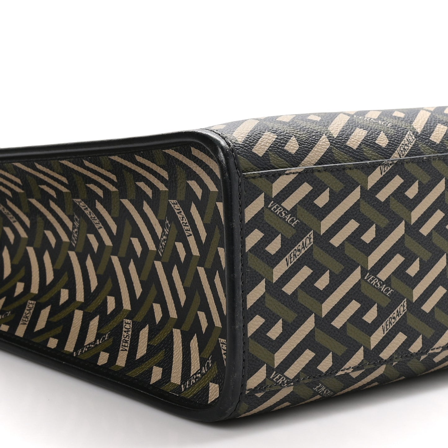 Coated Canvas Calfskin La Greca Signature Tote Bag Black Khaki