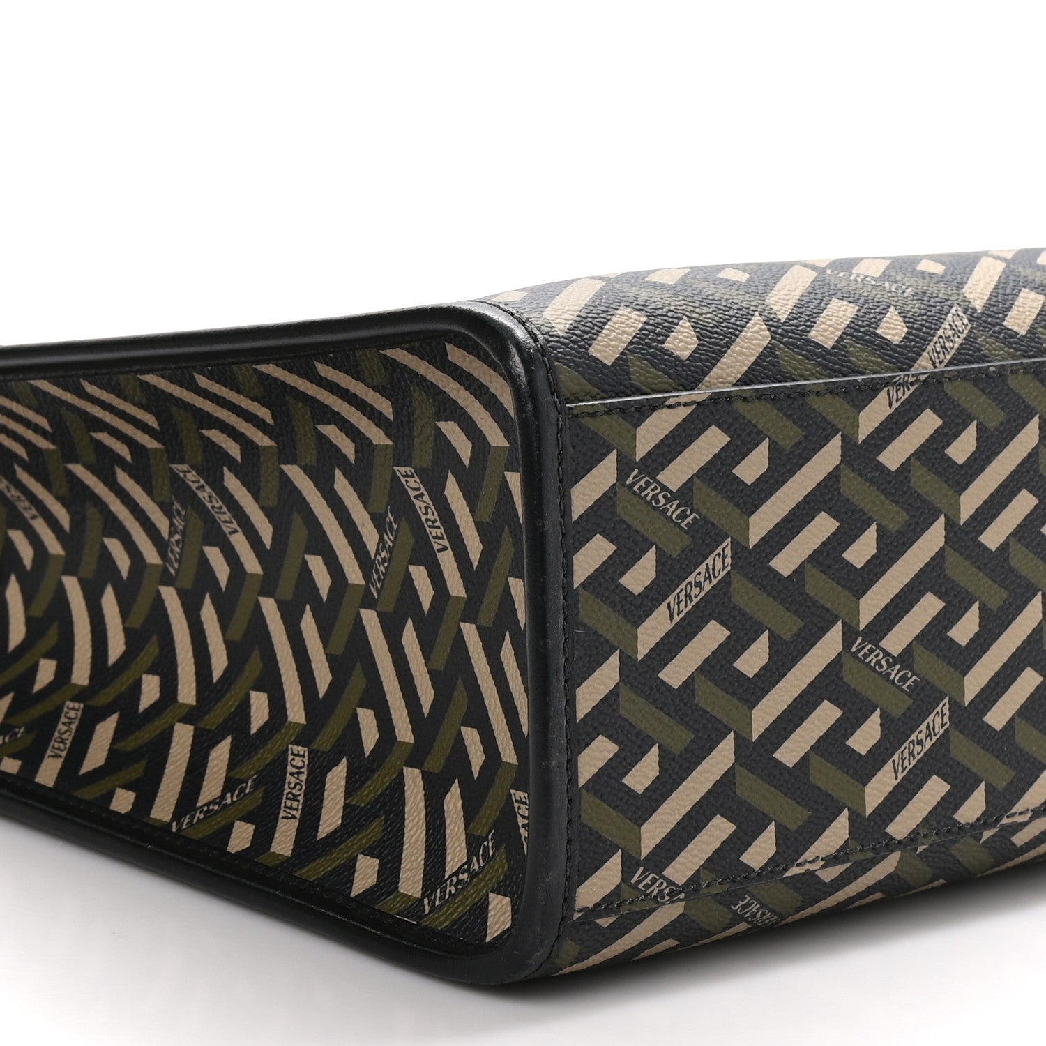 Versace Coated Canvas Calfskin La Greca Signature Tote Bag Black Khaki 8 of 9