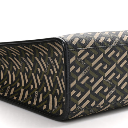 Versace Coated Canvas Calfskin La Greca Signature Tote Bag Black Khaki 8 of 9