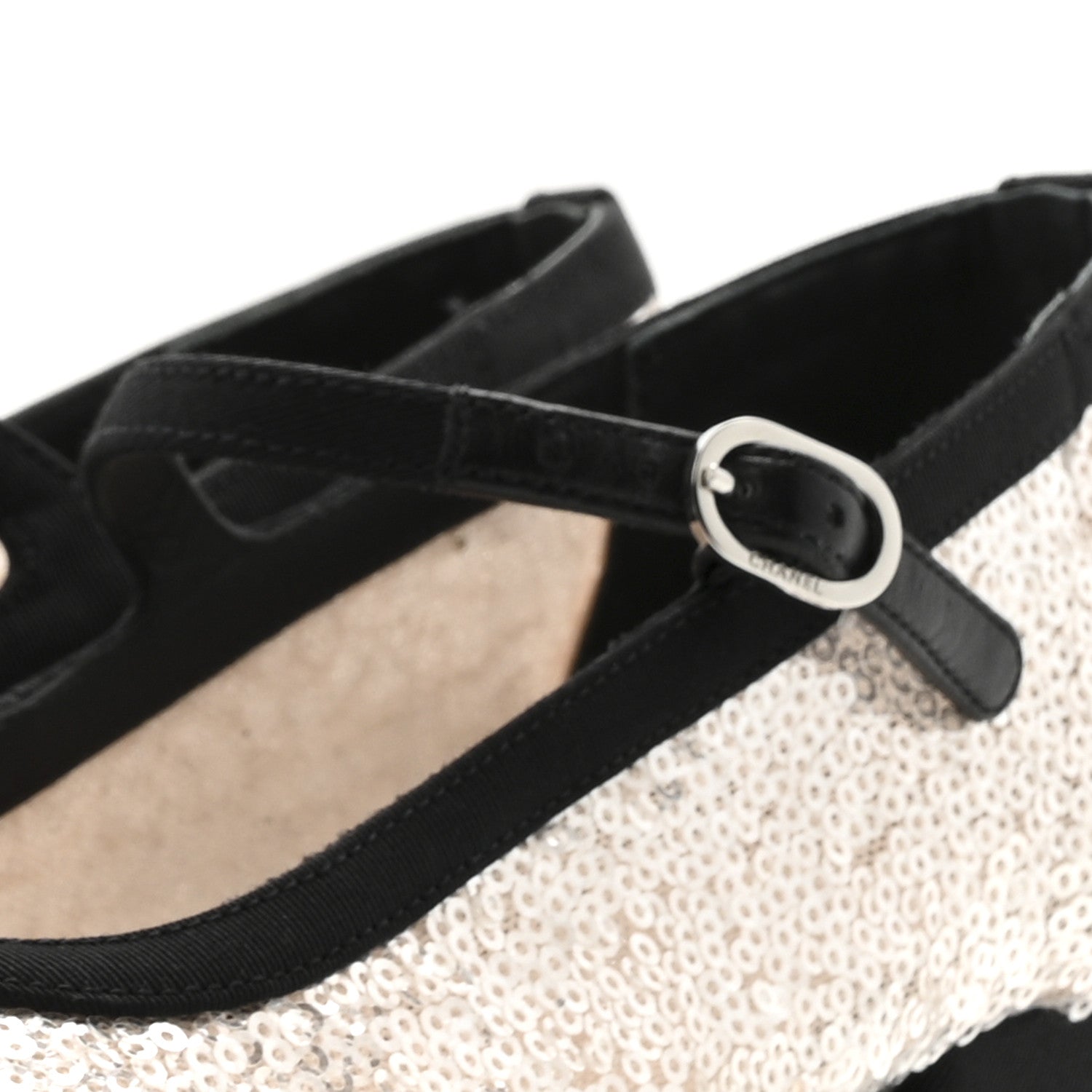 Chanel Glittered Tulle Sequin Grosgrain Cap Toe CC Mary Jane Pumps 36.5 Light Pink Black 5 of 10