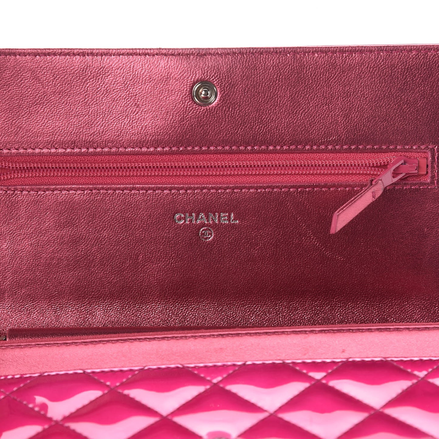 Metallic Patent Calfskin Quilted Boy Wallet On Chain WOC Fuchsia