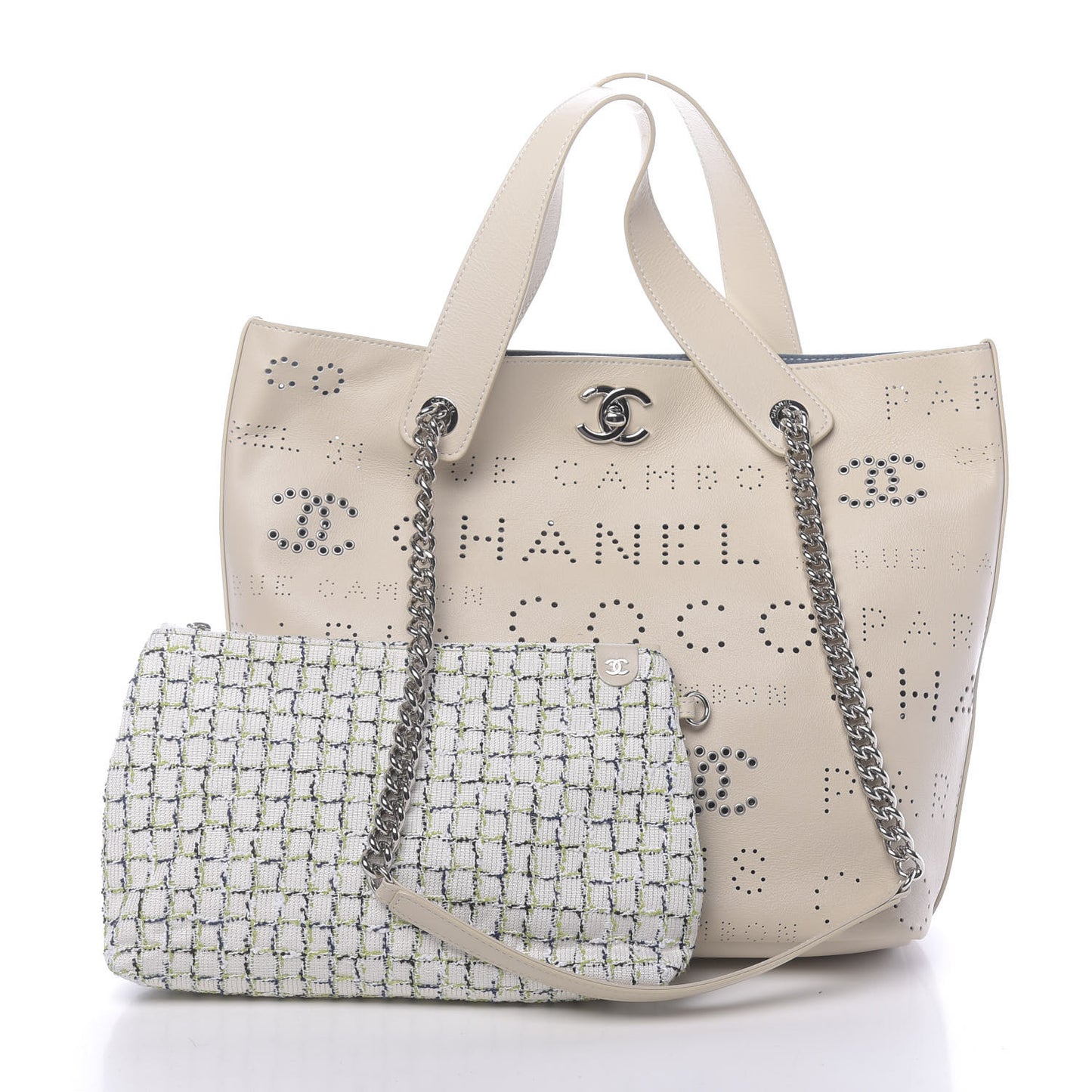 Calfskin Tweed Small Logo Eyelets Shopping Tote Beige