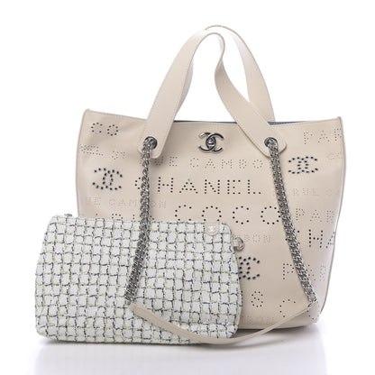 Chanel Calfskin Tweed Small Logo Eyelets Shopping Tote Beige 3 of 12