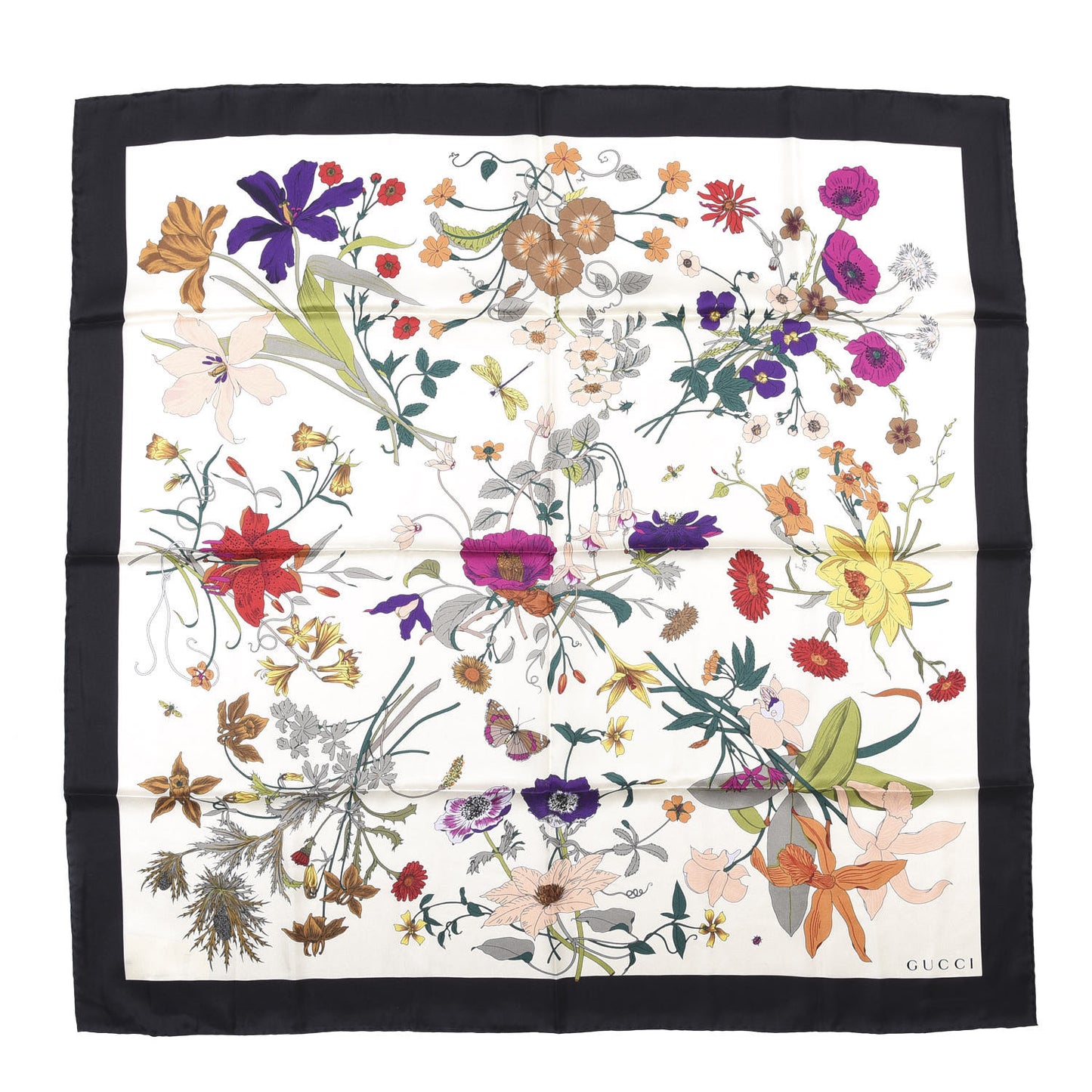 Silk Twill Flora Gothic Square Scarf White Black