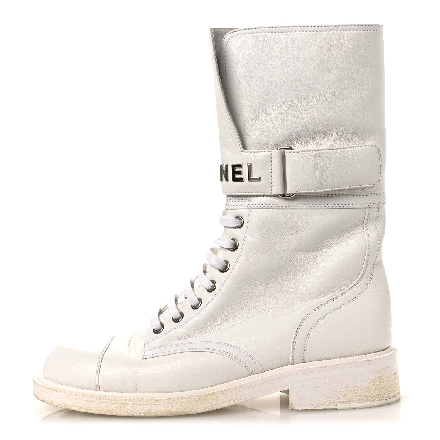 Chanel Calfskin Lace Up Logo Mid Calf Combat Boots 38.5 White Black 1 of 13