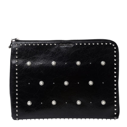 Miu Miu Vitello Shine Studded Flower Clutch Black 1 of 7