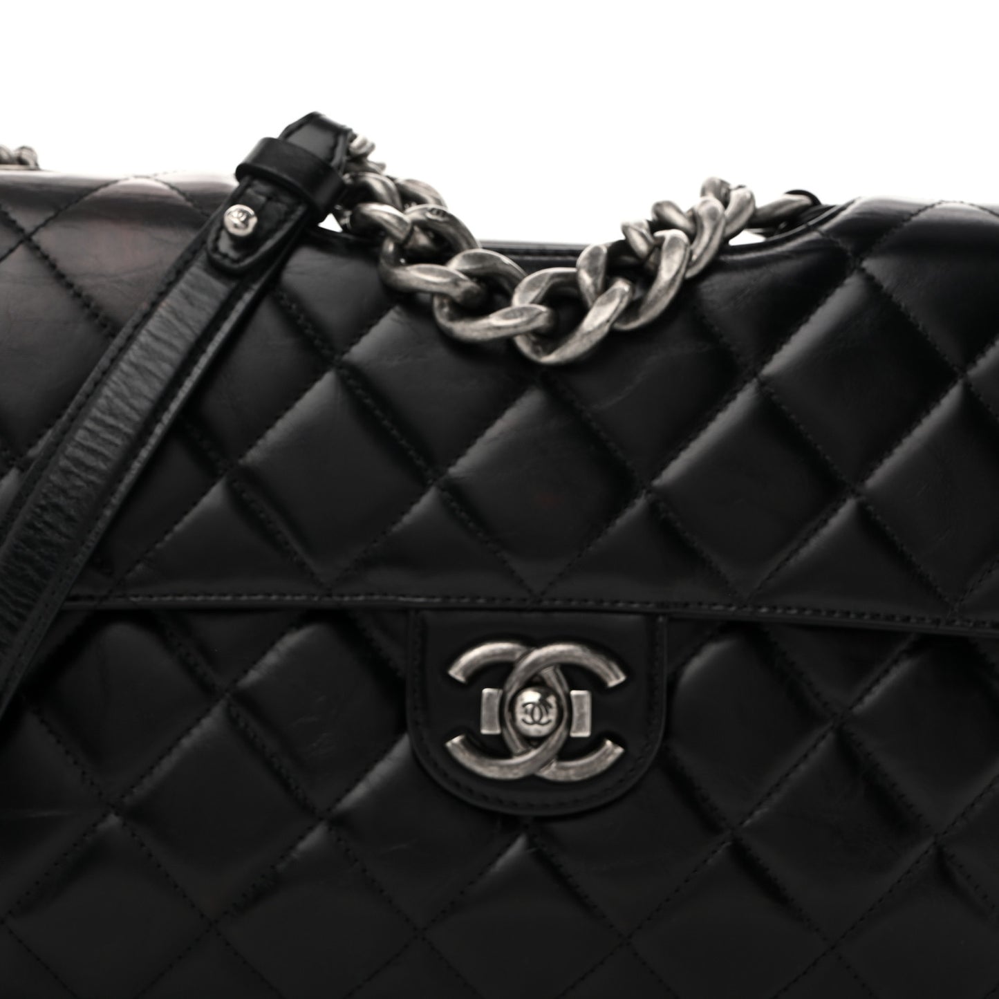 Glazed Calfskin Quilted Large Perfect Edge Flap Black