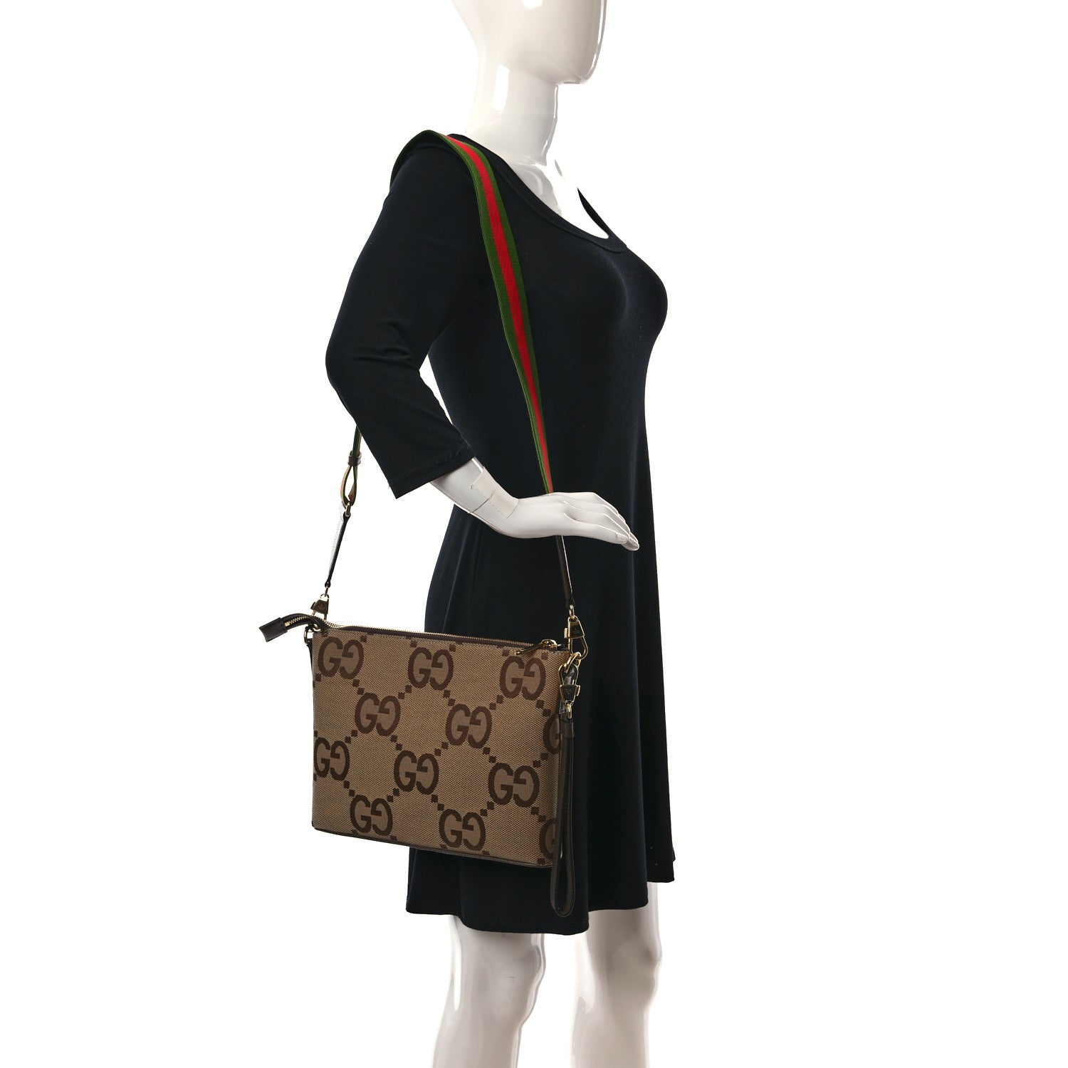 Gucci Monogram Jumbo GG Textured Dollar Calfskin Web Wristlet Messenger Bag Camel Ebony New Acero 2 of 9