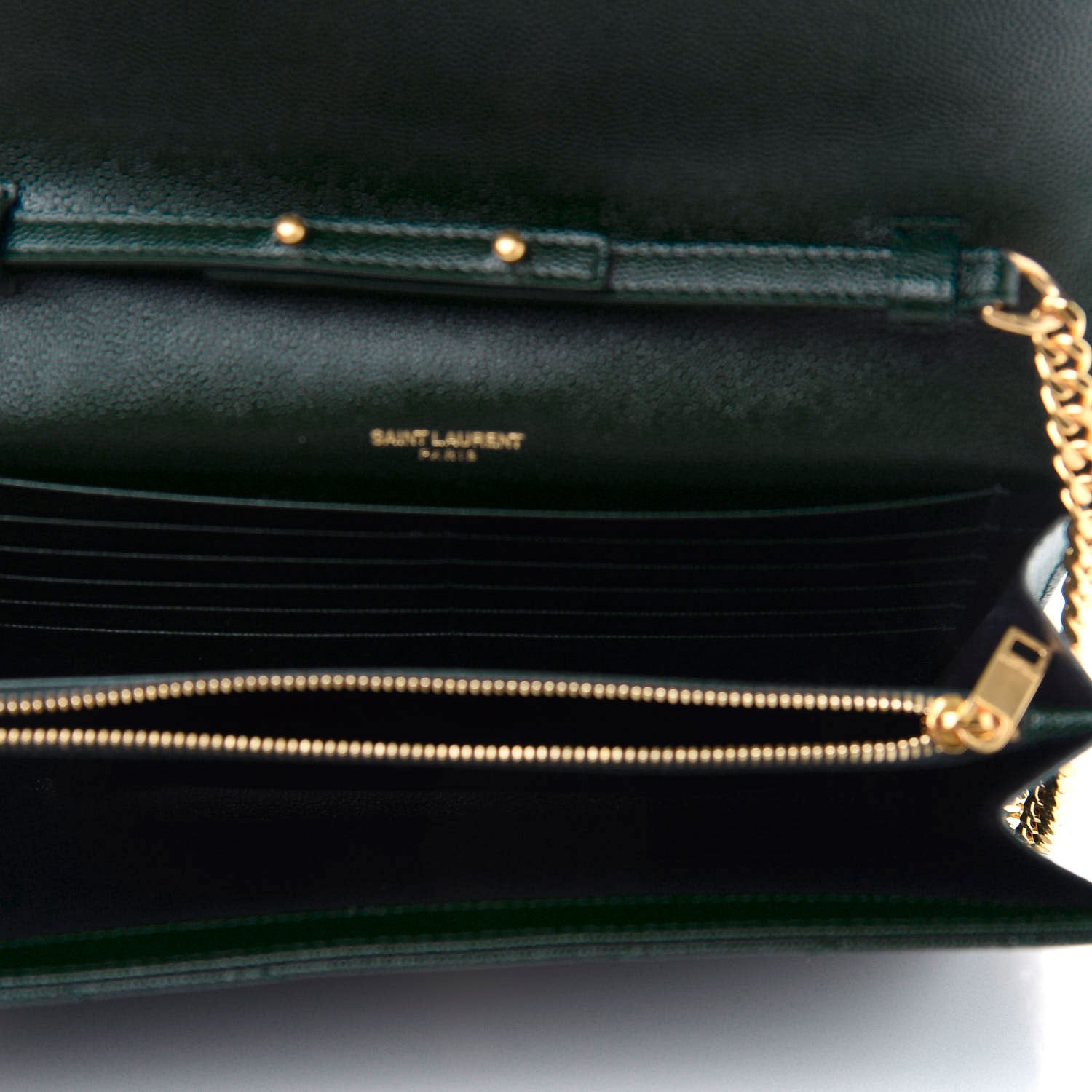 Saint Laurent Grain De Poudre Matelasse Chevron Monogram Chain Wallet Dark Green 5 of 11