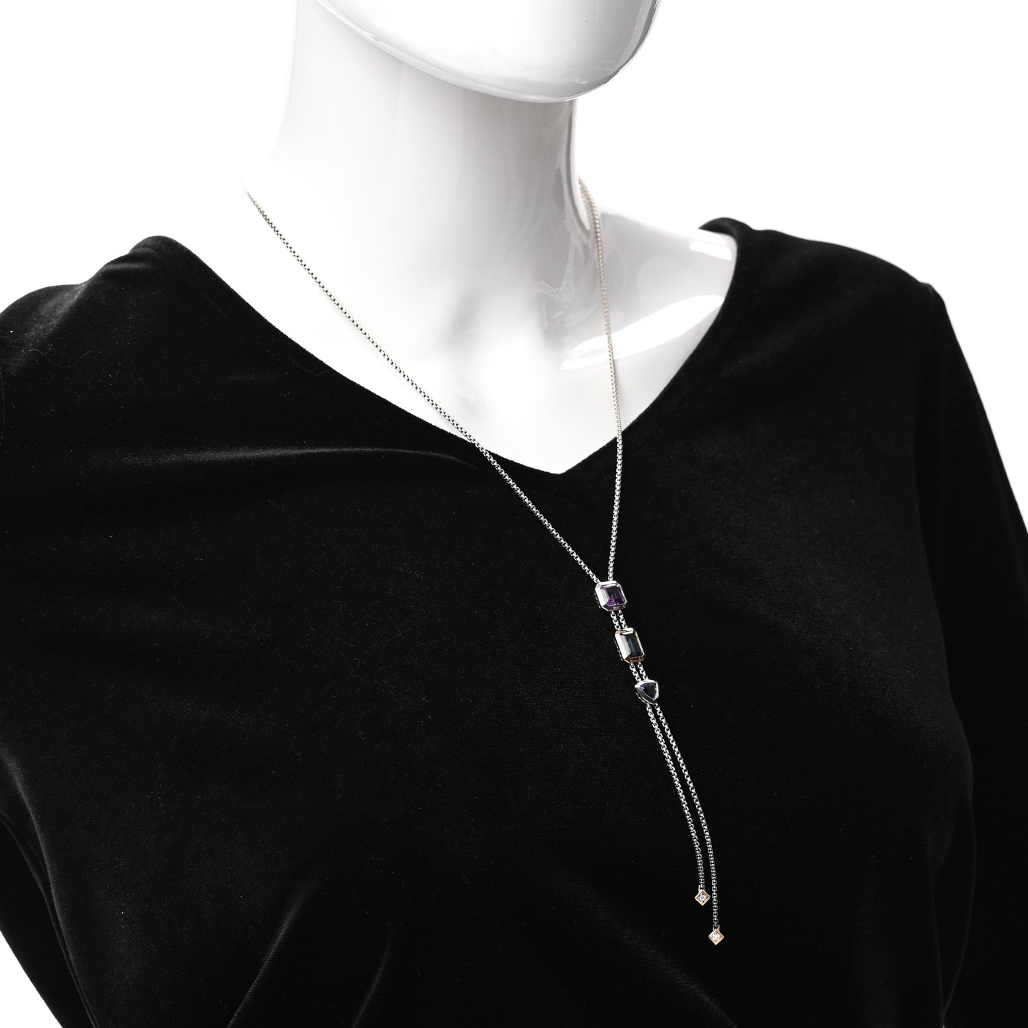 David Yurman Sterling Silver 18K Yellow Gold Diamond Amethyst Hampton Blue Topaz Iolite Novella Y Necklace 2 of 5
