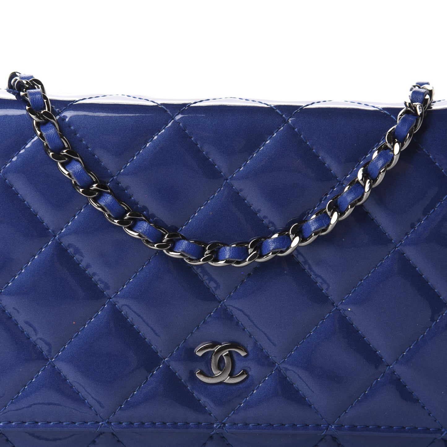 Patent Quilted Wallet On Chain WOC Blue
