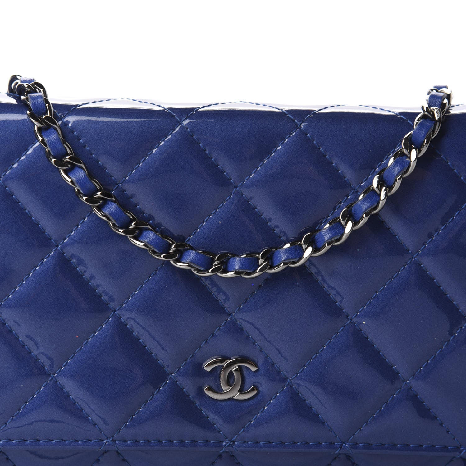 Chanel Patent Quilted Wallet On Chain WOC Blue 11 of 12