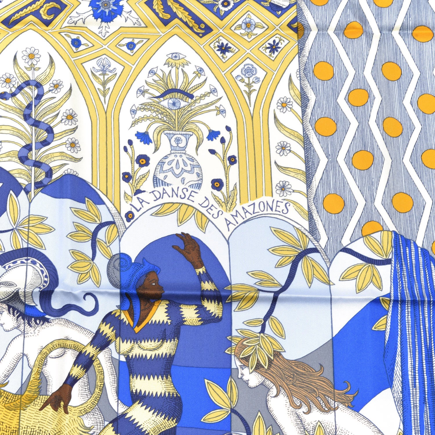 Hermes Silk La Danse Des Amazones Scarf 90 Bleu Roy Gold Creme 6 of 7
