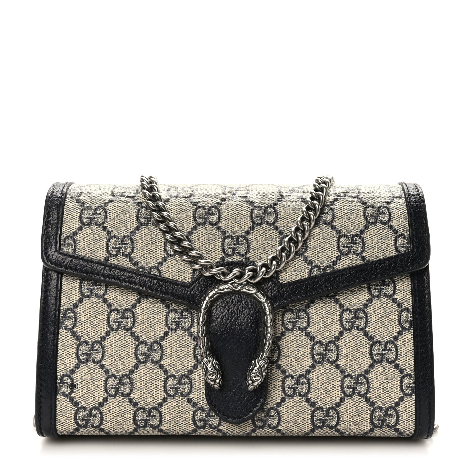 Gucci GG Supreme Monogram Textured Dollar Calfskin Mini Dionysus Chain Wallet Beige Blue 1 of 10