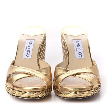 Jimmy Choo Metallic Nappa Woven Almer 80 Wedge Sandals 41 Gold 2 of 10