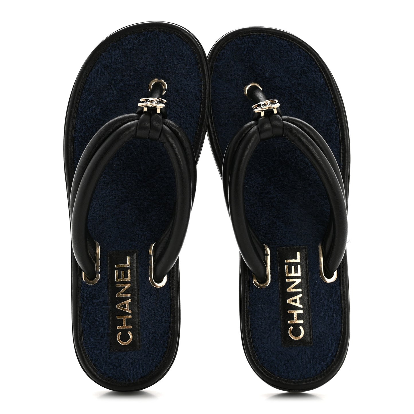 Lambskin Terry Cloth CC Thong Sandals 36 Black Dark Navy