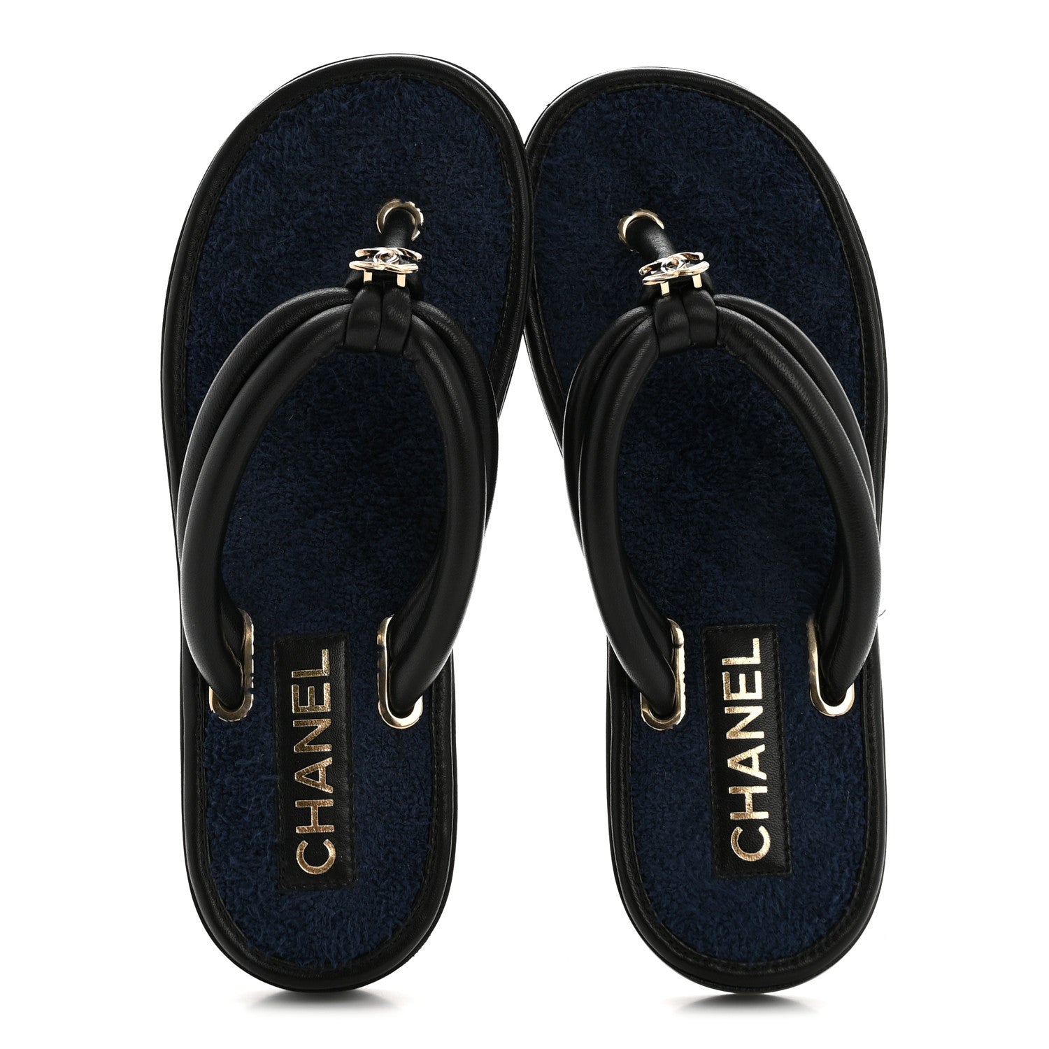 Chanel Lambskin Terry Cloth CC Thong Sandals 36 Black Dark Navy 2 of 11