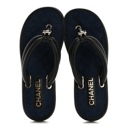 Chanel Lambskin Terry Cloth CC Thong Sandals 36 Black Dark Navy 2 of 11