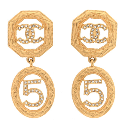 Chanel Metal Crystal Quilted CC No 5 Drop Earrings Gold 1 of 4