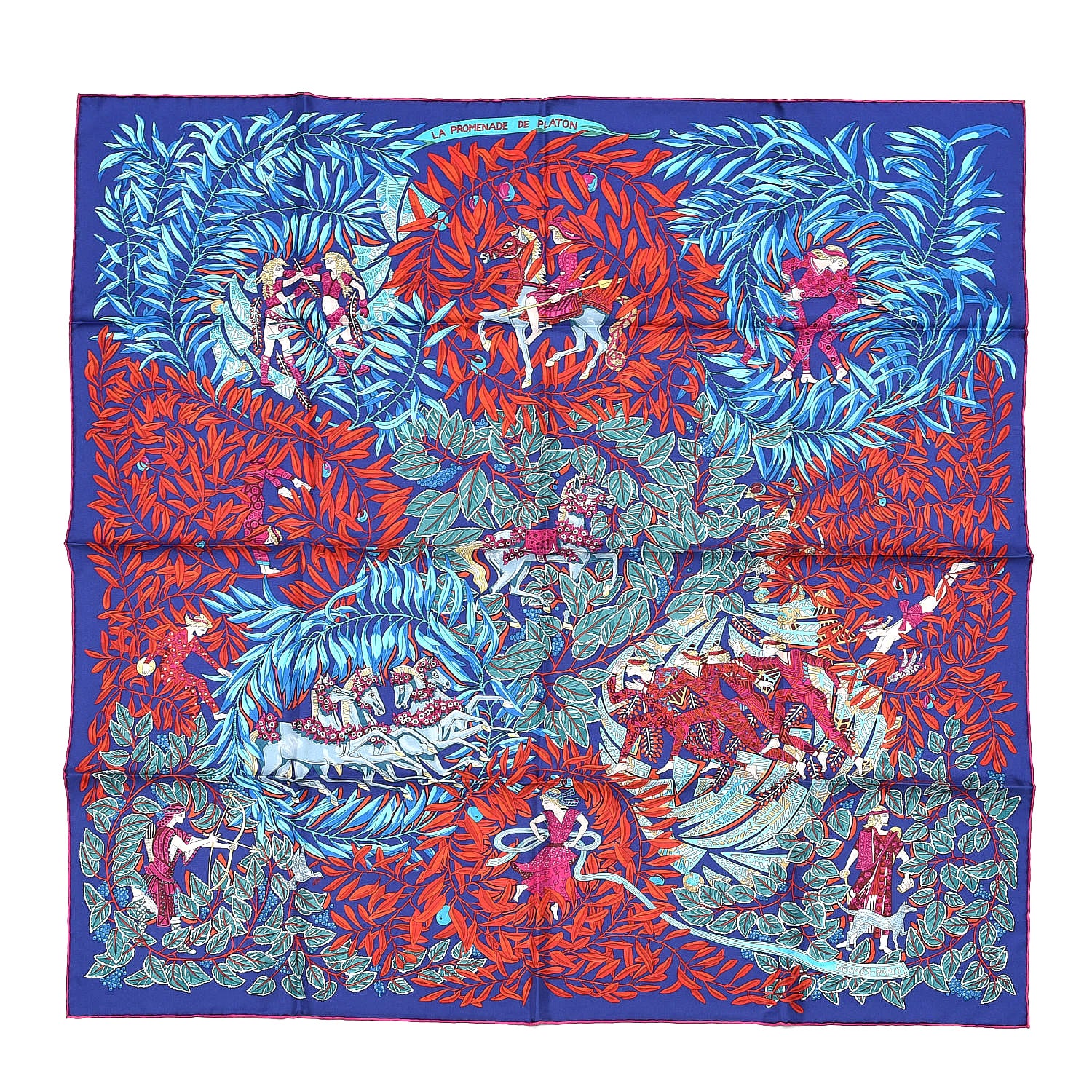 Hermes Silk La Promenade de Platon Scarf 90 Indigo Rouge Turquoise 1 of 5