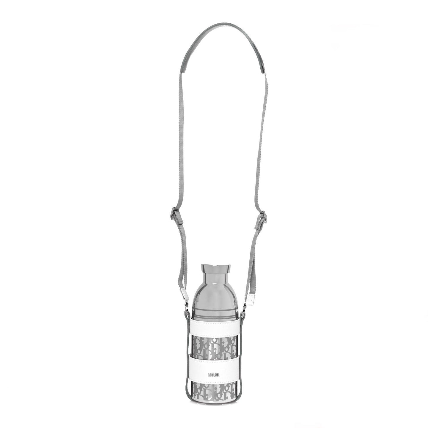Oblique Stainless Steel Grained Calfskin Aqua Bottle With Shoulder Strap Off White
